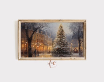 Frame TV Art Christmas Tree in a vintage village, Winter Painting, Cityscape Winter Scene, Christmas Decor, Holiday Painting, Digital TV Art