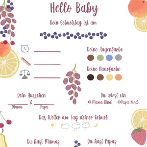 Könnte beinhalten: Ein druckbares Babyparty-Spiel mit einem Aquarell-Design mit Früchten, Blumen und einer Weinrebe. Das Spiel fordert die Gäste auf, das Geburtsdatum des Babys, die Augenfarbe, die Haarfarbe und andere Details zu erraten.