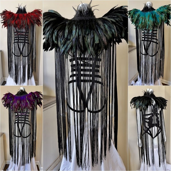 Black /Red/ Purple/feather cape, feather capelet with high collar , Feather tassels cloak , feather wings , HALLOWEEN FEATHER cape