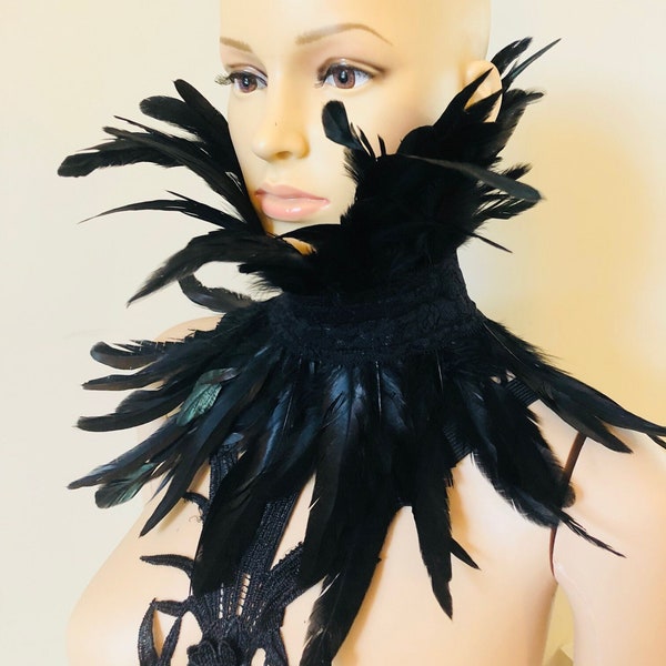 feather collar black collar, halloween black feather neck corset, feather neck piece, feather choker, pagan, witch