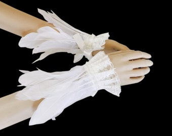 White Swan Feder Manschetten, Feder Manschetten-Set, weiß/ivory Gothic Manschetten, Gothic Manschetten, Braut Manschetten, Fantasy Accessoires