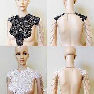 Steampunk Lace Bib Collar: Silver Chain Epaulettes, Gothic Neckpiece