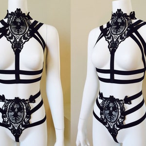 High waisted cameo lace cage black elastic harness cage playsuit harness top / bondage lingerie