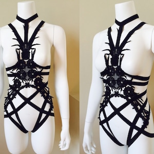 Black Lace Cage Bodysuit elastic harness cage playsuit drag queen bondage lingerie