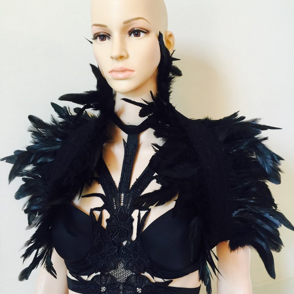 Black Feather Cape for Maleficent, Raven, Gatsby, Edgar Allan Poe, Crow or Steampunk Halloween Costume for Women, Feather Shrug with Collar