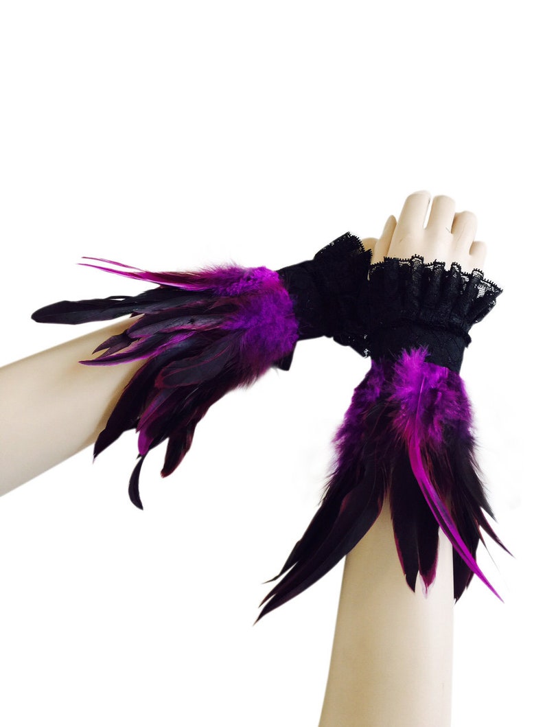 Purple steampunk lace wrist cuffs goth cuffs halloween wrist bands feather gauntlets gothic feather cuffs steampunk feather cuffs