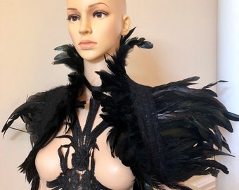 Black Feather Capelet: Steampunk Gothic Shoulder Wrap