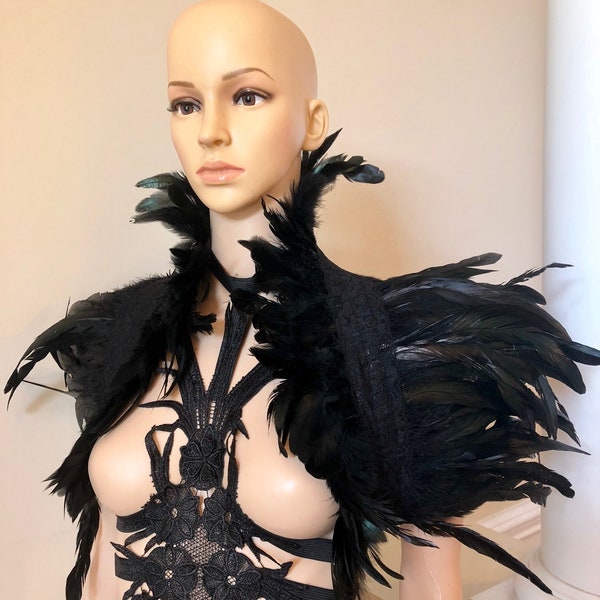 Black high feather cape, feather collar, feather capelet, bridal shawl, feather shawl, feather shrug for Events, Costume, Halloween Costume