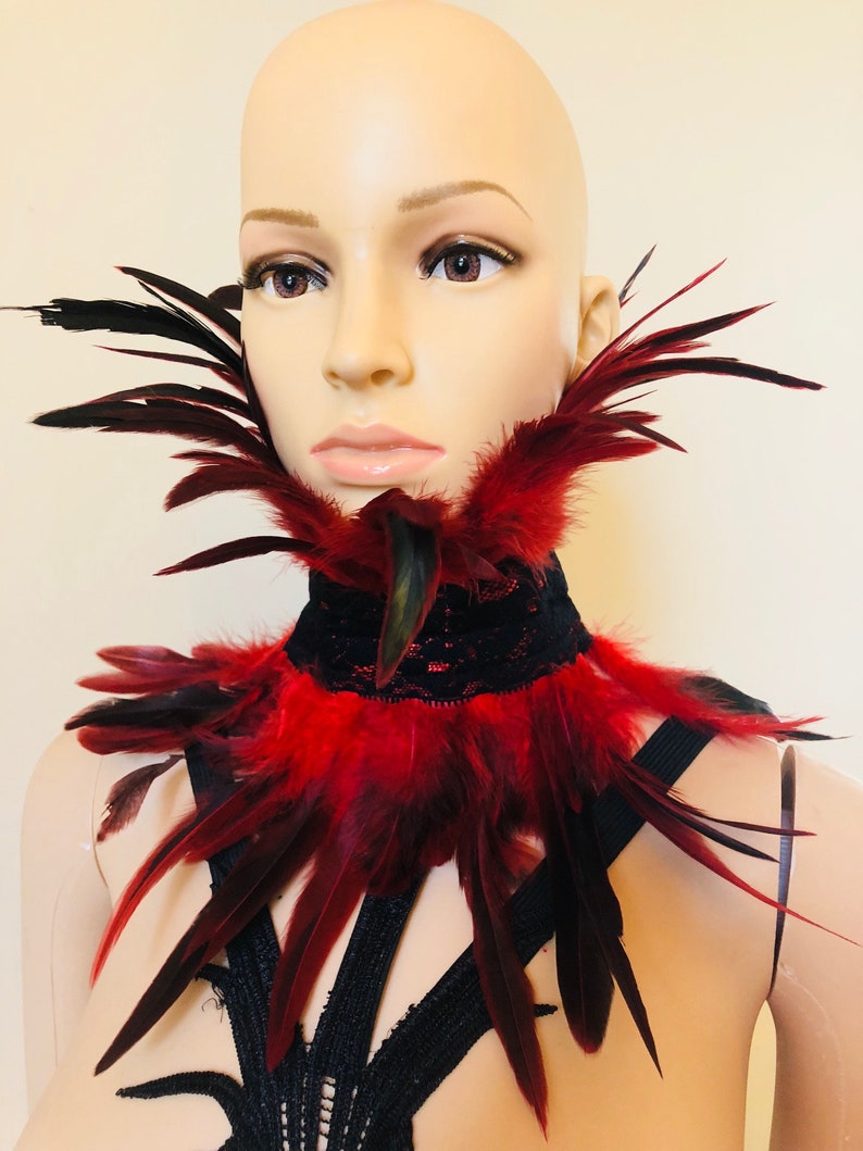 Red feather neck corset black lace gothic victorian costume Etsy