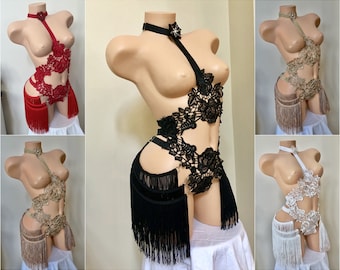 Fringe Cage suit lace cage black elastic harness cage  Playsuit Elastic Fringe lingerie dance costume stripper fetish bondage burlesque