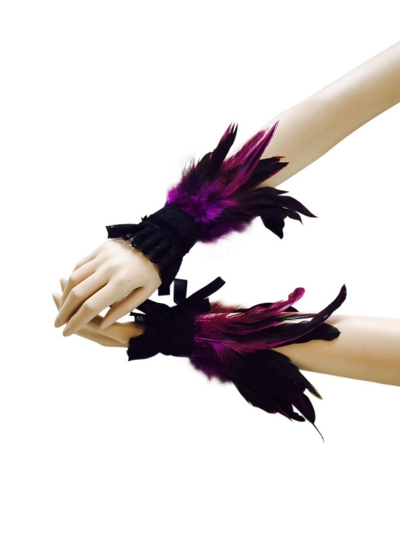 Purple steampunk lace wrist cuffs goth cuffs halloween wrist bands feather gauntlets gothic feather cuffs steampunk feather cuffs
