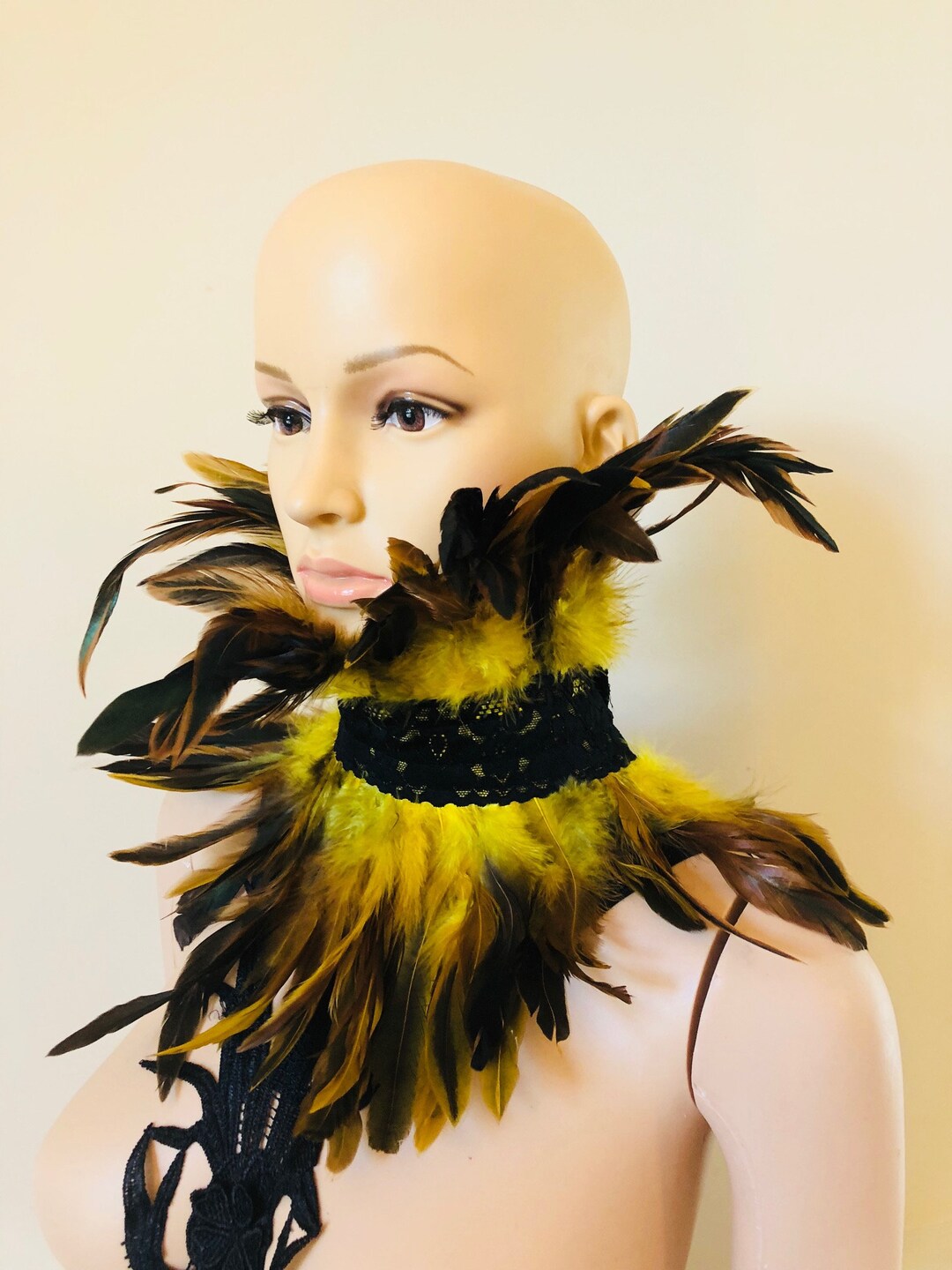 Golden Brown Feather Neck Corset, Costume Feather Neckpiece, Feather