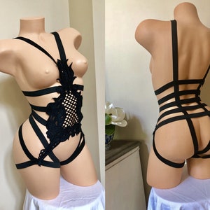 Black Lace Cage Bodysuit elastic harness cage playsuit drag queen bondage lingerie Elastic body bondage harness
