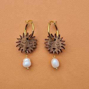 Celestial Hoop Earring | Sun Face and Pearl Hoop Earrings | Boho Hoop Earring
