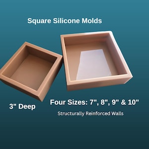 May include: Four square silicone molds in brown, with reinforced walls. The molds are 3 inches deep and come in sizes 7, 8, 9, and 10 inches.