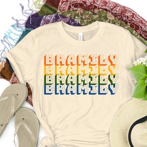 Bramily fan t-shirt, music shirt, singer songwriter, feminist, Brandi broke, rainbow block font, retro design