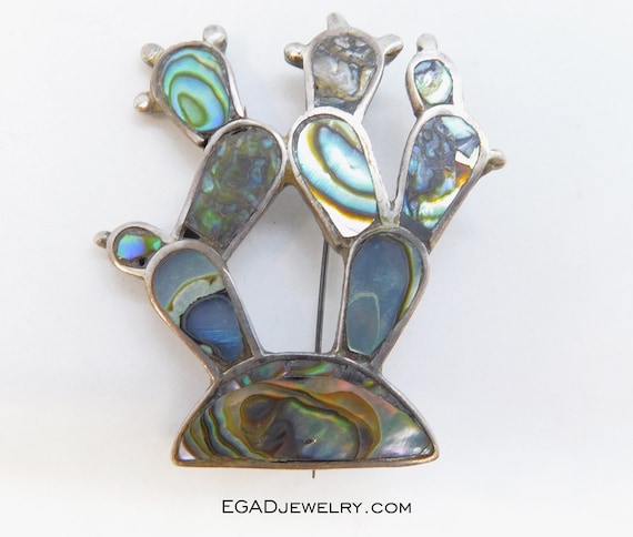 Sterling Silver Abalone Shell Cactus Pin / Brooch