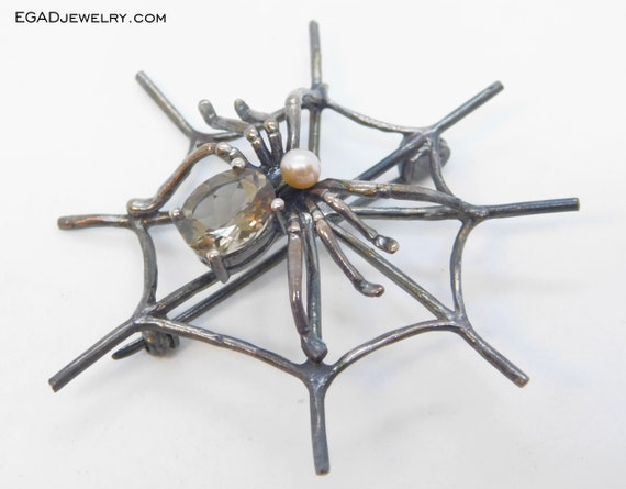 Sterling Silver Spider Brooch pin with Topaz and P