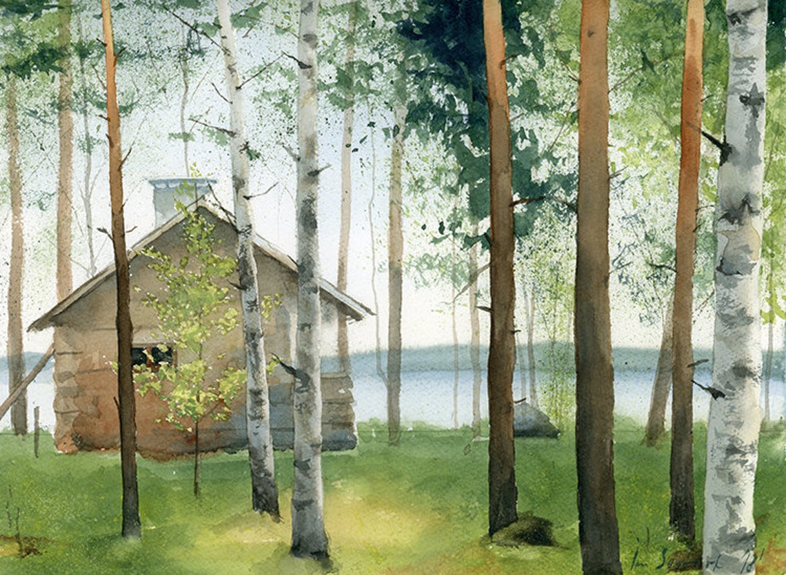 Cabin in the Woods Watercolor Landscape Painting Forest Etsy