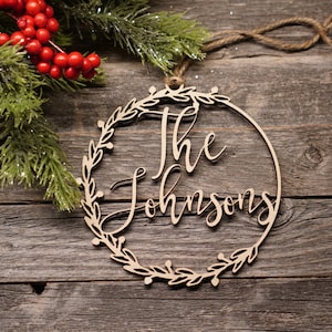 Wreath Christmas Ornament | Personalized Ornament | Wedding Ornament | Anniversary Ornament | Calligraphy Ornament |