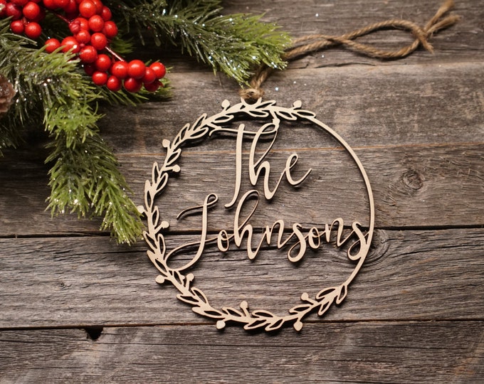 Wreath Christmas Ornament | Personalized Ornament | Wedding Ornament | Anniversary Ornament | Calligraphy Ornament |
