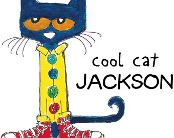 パーソナライズされたピート・ザ・キャットのデカール – 子供部屋、保育室、子供寝室用のクールな猫のカスタム名ウォールステッカー