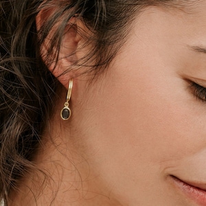 Hoop Earrings with Charm, Minimalist Gold Hoops, Dangling Gemstone Earings, Charm Earrings Gold, Gemstone Hoops, Labradorite Earrings image 1