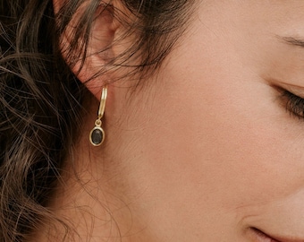 Hoop Earrings with Charm, Minimalist Gold Hoops, Dangling Gemstone Earings, Charm Earrings Gold, Gemstone Hoops, Labradorite Earrings