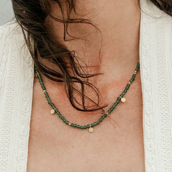 Jade Necklace, Gemstone Beads Necklace, Gem Gold Necklace, Jade Beads Pendant, Beaded Necklace, Choker Coin Necklace, Aquamarine Necklace