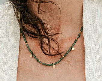 Jade Beaded Choker Necklace: Peach Moonstone, Aqua Chalcedony Gemstone Coin Pendant