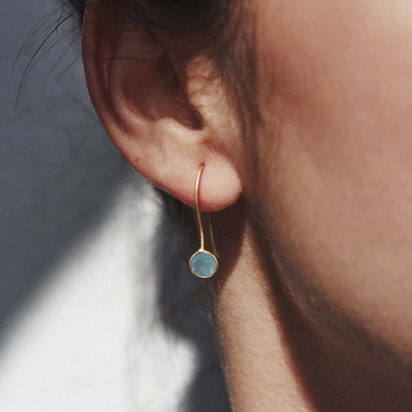 Aquamarine Earrings, Aqua Chalcedony Earrings, Tiny Gemstone Earrings, Turquoise Earrings, Tiny Dangle Earrings, Blue Gemstone Earrings Gold