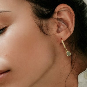 Gemstone Hoop Earrings, Aventurine Earrings, Dangle Huggie Earrings, Green Stone Earrings, Gold Drop Hoops, Charm Earrings Dangle