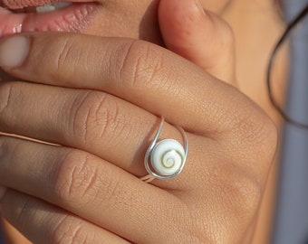 Bague coquille, bague Shiva, bague Shiva Eye, bague en argent sterling, bijoux en coquille, bague œil de Shiva, bague en pierre naturelle, bagues en coquillage pour femmes