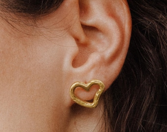 Open Heart 18k Gold Plated Stud Earrings – Tiny Silver Plated Minimalist Jewelry