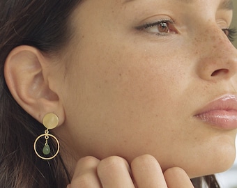 Green Aventurine Earrings, Circle Earrings, Gemstone Earrings, Gem Drop Earrings, Labradorite Earrings, Hoop Earrings, Boho Gold Earrings
