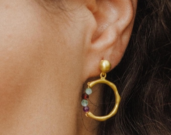 18K Gold Circle Drop Earrings – Natural Gemstone Beads- Aqua Chalcedony, Peach Moonstone or Multicolor