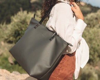 Black Tote Bag, Leather Laptop bag, Classic Leather Tote Bag, Large Leather Tote Bag, Faux Leather Bag, Vegan Tote bag, Soft Leather Tote