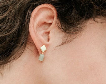 Green Aventurine Earrings, 18K Gold Stud Earrings, Green Earrings, Gem Earrings, Gemstone Earrings, Stone Earrings, Gold Earrings with Gem