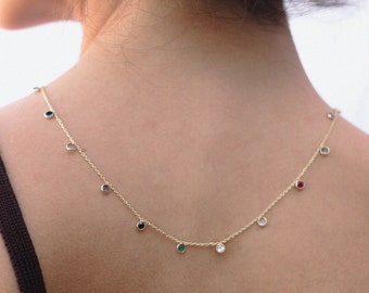 18k Gold Multi Gemstone Necklace - Gem Drop Pendant - Birthstone Jewelry