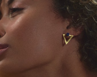 Lapis Lazuli Earrings, Gold Gem Earrings, Stone Earrings, Triangle Earrings, Gem Stud Earrings, Birthstone Earrings, Gem Earrings for Women