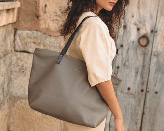 Porte-monnaie en cuir gris, sac fourre-tout végétalien, sac à main en cuir, sac à main en cuir gris, sac végétalien, sac en cuir gris, sac cabas en cuir, sac à main gris