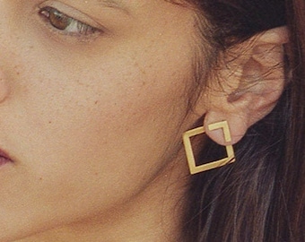 Open Square Earrings, Triangle Stud Earrings, Double Sided Earrings, Square Stud Earrings, Minimal Stud Earrings, Geometric Earrings for Her
