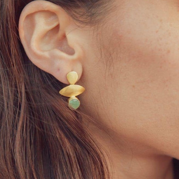 Aventurine Earrings, Gemstone Stud Earrings, Gold Stud Earrings, Boho Wedding Earrings, Green Stone Earrings, Green Earrings, Gift for Her