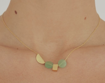 Half Moon Necklace, Dainty Gold Necklace, Half Circle Necklace, Delicate Gemstone Necklace, Aventurine Necklace, Geometric Beads Necklace