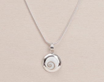 925 Silver Shiva Shell Necklace, Eye of Santa Lucia Round Pendant