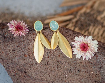 Flower Earrings, Moonstone Earrings, Aquamarine Earrings, Gem Gold Earrings, Boho Wedding Earrings, Boho Gold Earrings, Jade Earrings