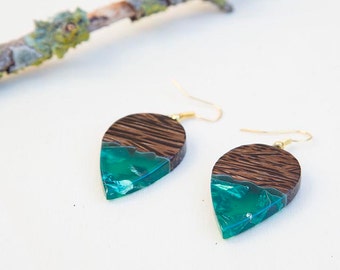 Pendientes de madera, Pendientes Boho, Pendientes verdes, Pendientes de resina, Joyas de resina, Pendientes de resina de madera, Pendientes de madera, Pendientes simples para mujer