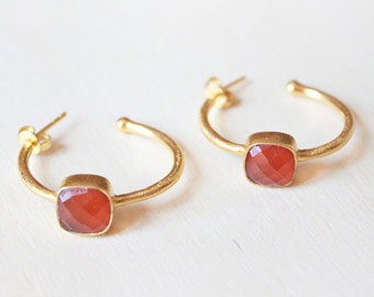 Hoop Earrings Gold, Orange Gem Earrings, Gemstone Hoop Earrings, Rose Quartz Hoops, Red Gemstone Earrings, Gold Hoop Earrings, Gem Earrings