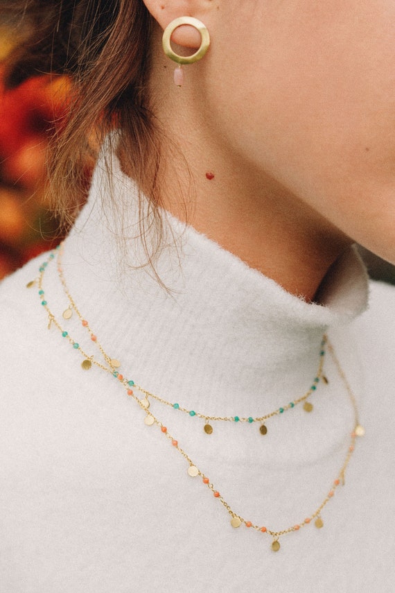 18K Gold Plated Disc Coin Necklace: Jade, Peach Moonstone Gems - Birthstone Pendant