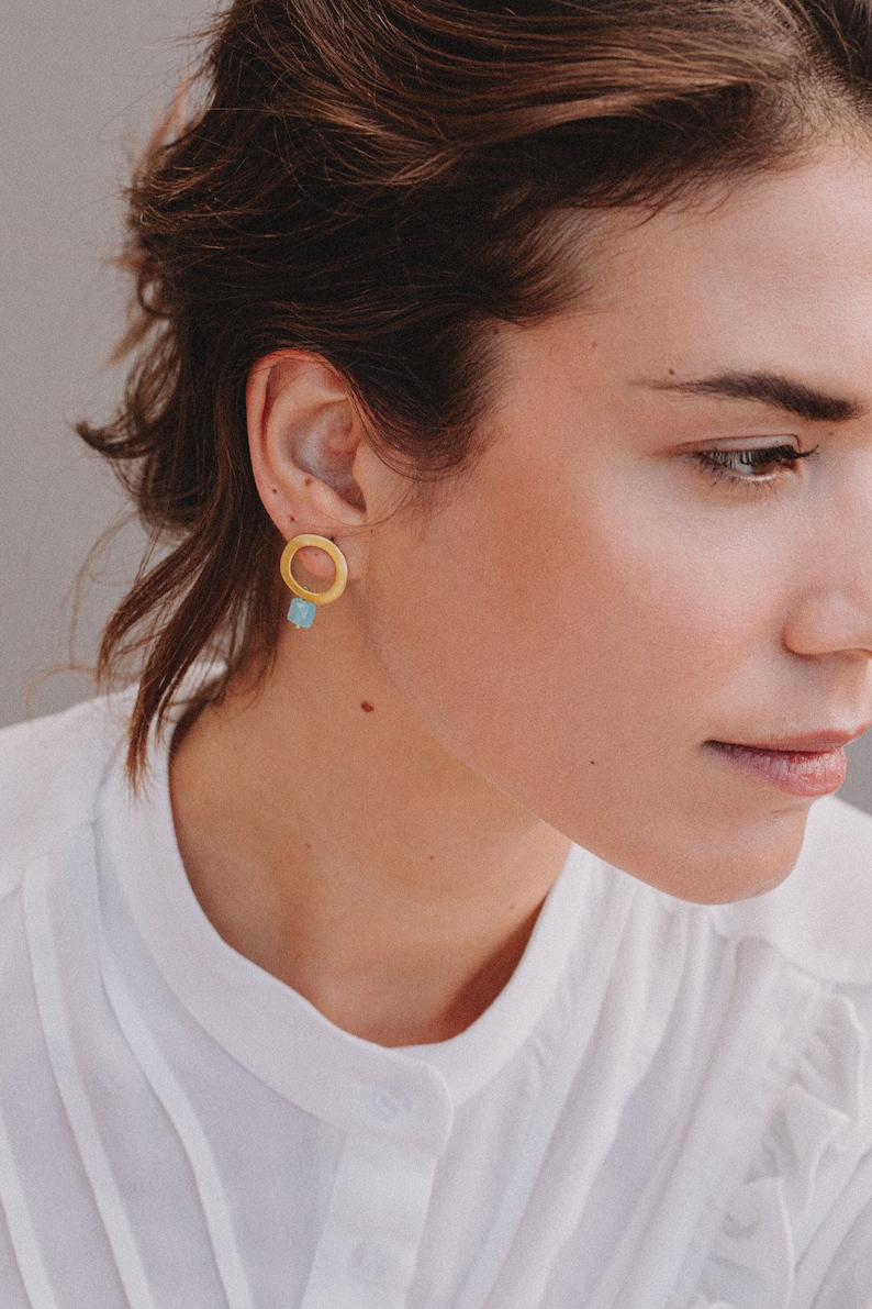 Aqua Chalcedony Earrings, Turquoise Earrings, Moonstone Earrings, Open Circle Earrings, Gold Circle Earrings, Tiny Gemstone Earrings image 1